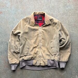 Vintage 80s American Jac Mens Tan Corduroy Plaid Lined Bomber Jacket USA Made